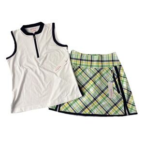 NWT Kinona Zip It Rip It White Golf Top My Go To Skort Picnic Plaid 2pc Set XS
